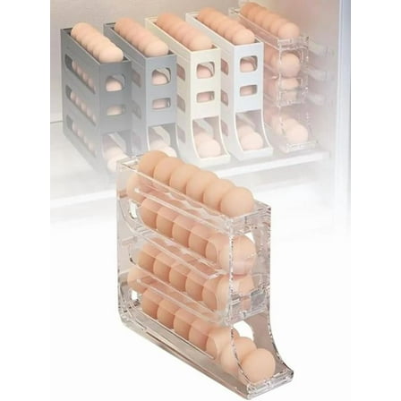 LYCAQL 4 Tiers Egg Holder for Fridge, Transparent Automatic Scrolling Egg Rack Holder, Space-Saving Egg Dispenser Auto Rolling, Can Storage 30 Eggs