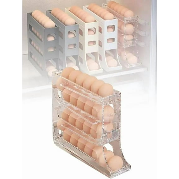 LYCAQL 4 Tiers Egg Holder for Fridge, Transparent Automatic Scrolling Egg Rack Holder, Space-Saving Egg Dispenser Auto Rolling, Can Storage 30 Eggs