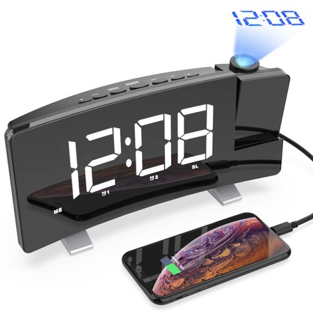 Digital Projection Alarm Clock, 7'' LED Curved Screen Dimmable FM Radio Alarm Clock, 180° Projector, USB Phone Charger, Sleep Timer, Dual Alarm, Snooze, 12/24H- Bedroom Ceiling Wall Heavy (Best Alarm Clock App For Heavy Sleepers Android)