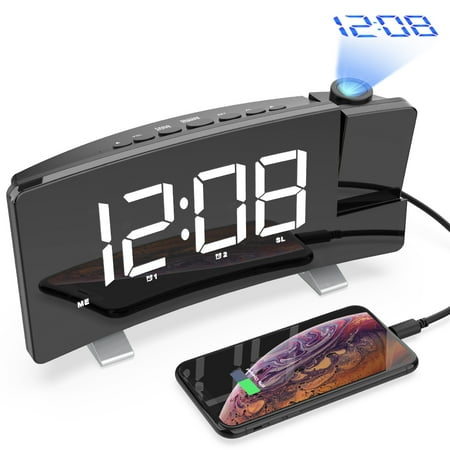 Dual Radio Alarm Clock Usb Digital Projection Alarm Clock, 7'' LED Curved Screen Dimmable FM Radio Alarm Clock, 180° Projector, USB Phone Charger, Sleep Timer, Dual Alarm, Snooze, 12/24H- Bedroom Ceiling Wall Heavy Sleepers ()