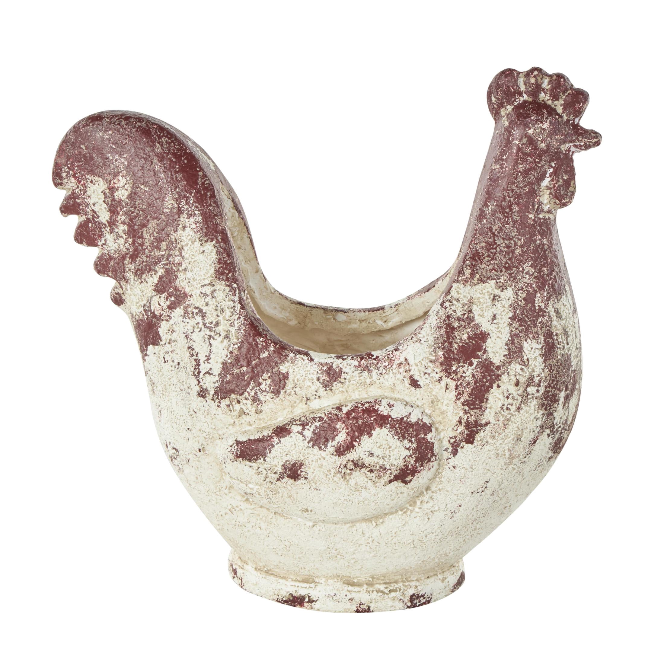 DecMode 14" x 14" White Magnesium Oxide Rooster Planter with Rust Colored Distressed Details