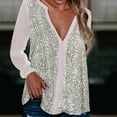 thumbnail image 2 of hgsbedePlus Size Tops For Women V neck Collar Sequin Color Long Sleeve Fold Navel Casual Blouse Silver M Ladies Clothing, 2 of 6