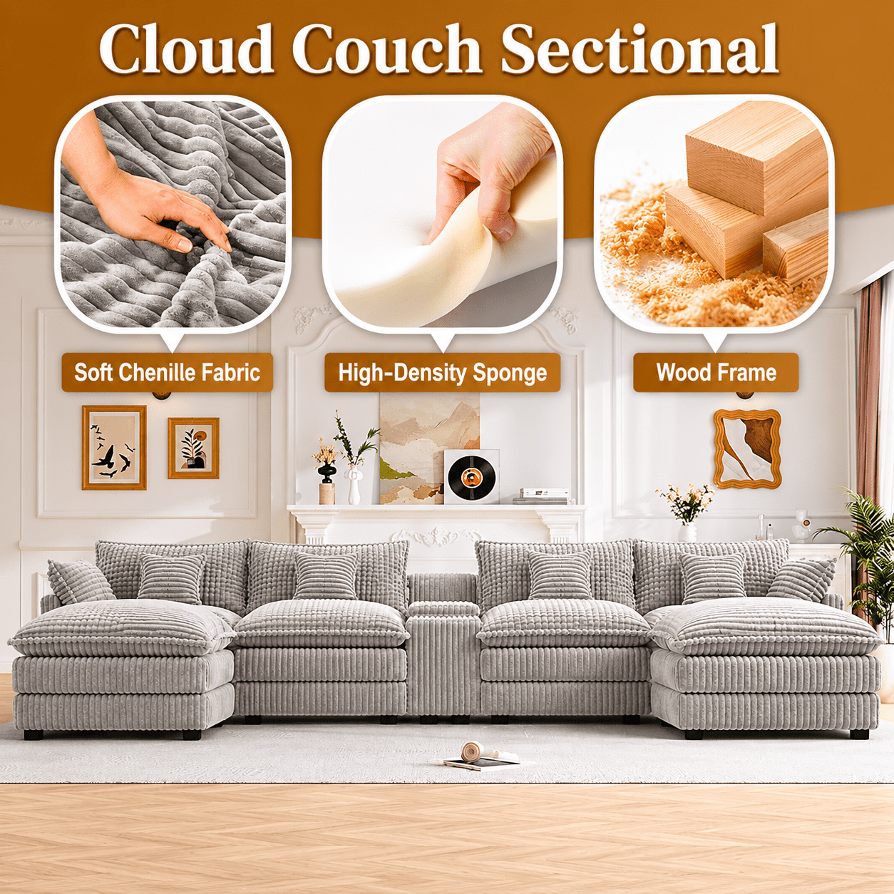 ShiKeyi Oversided 124" U Shaped Cloud Couch Sectional, DeepSeat Sofa Bed with USB Charging, Hidden Storage, Cup Holders & Chenille Double Chaise, Light Gray
