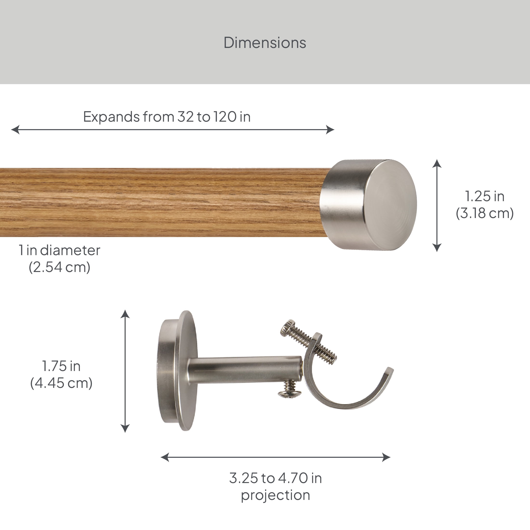 Better Homes & Gardens 1 in Light Honey Wood and Satin Nickel Endcap Adjustable Single Curtain Rod Set, 32 in-120 in