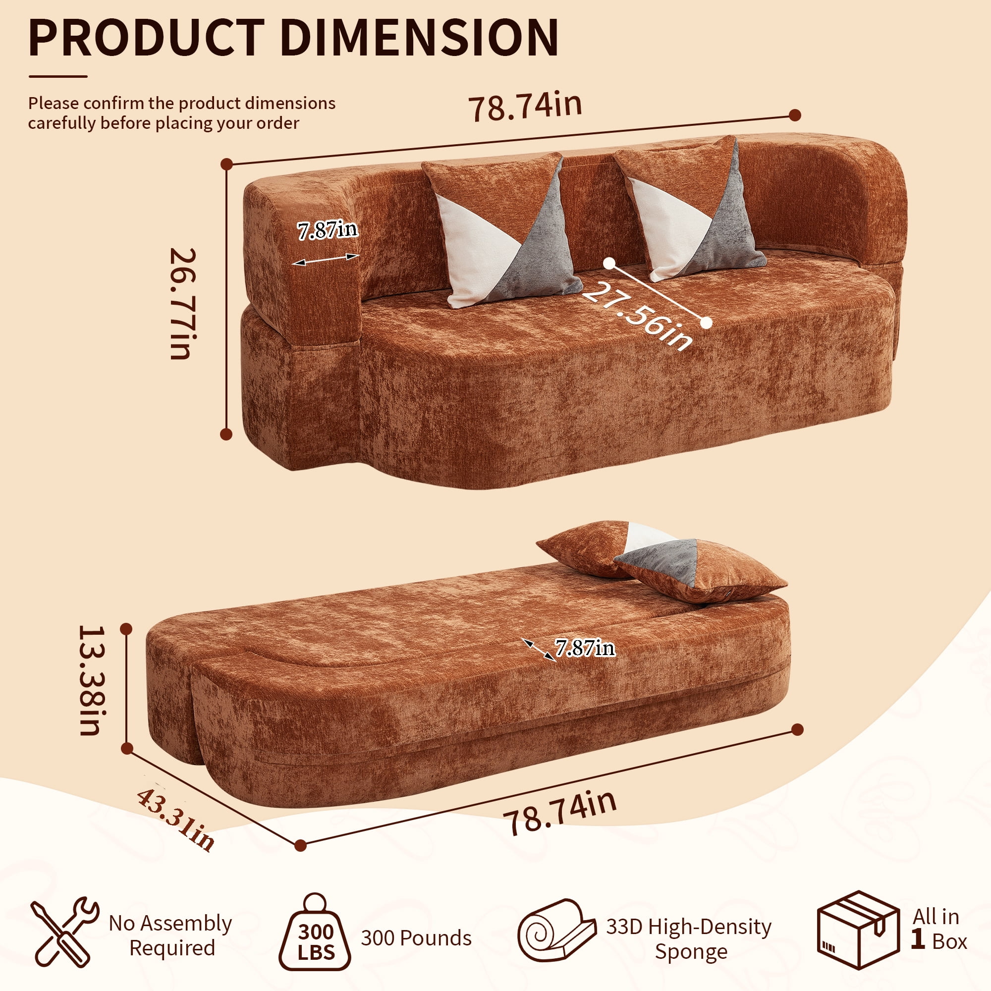 78.74"W Eggshell Convertible Sofa,Floor Couch,Sleeper Sofa Bed,No Assembly High-Density Sponge Loveseat with 2 Pillows for Living Room, Apartment,Small Spaces,Cognac Brown