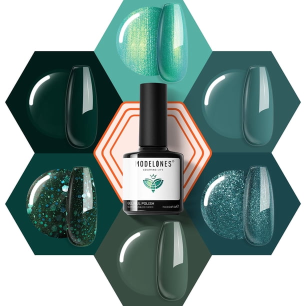 Set de esmaltes de uñas en gel modelones Ethereal Green, 6 colores, 7 ml
