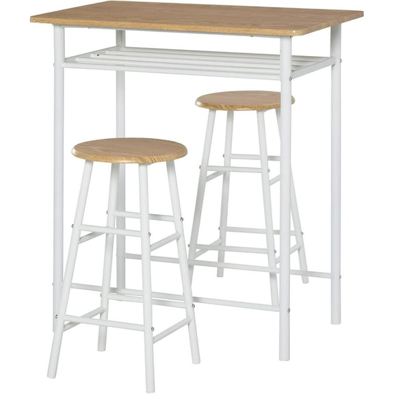 CHAUKY 3 Piece Counter Height Bar Table and Chairs Set, Space Saving Dining Table with 2 Matching Stools, Storage Shelf Metal Frame Footrest, White, Oak