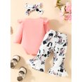 thumbnail image 3 of FEORJGP Infant Girls Fall Outfit Newborn Baby Long Sleeve Jumpsuit Letters Print Romper Crew Neck Bodysuit with Cow Print Flare Pants and Headband Clothing Set, 3 of 9