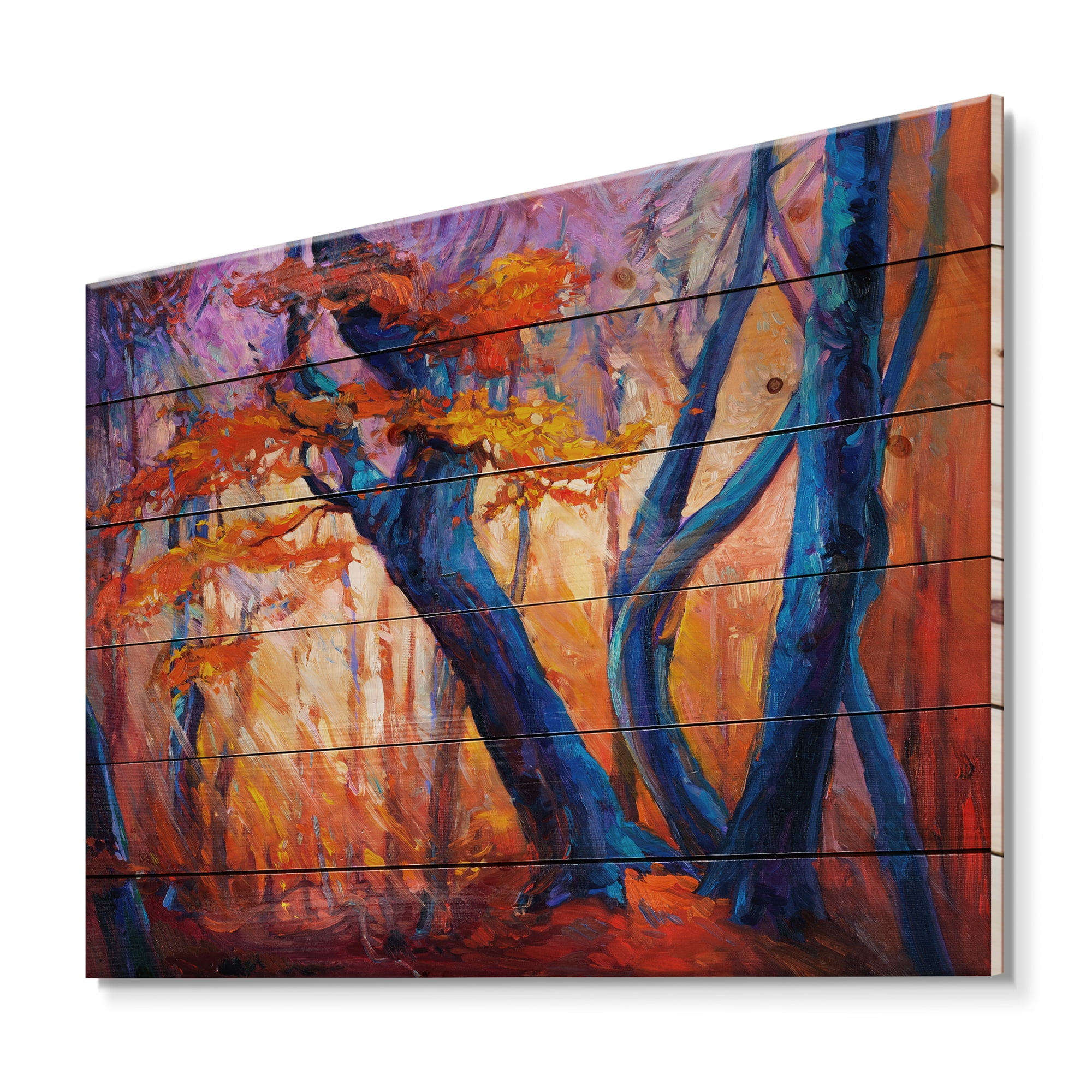Designart 'Abstract Blue Silhouettes Of Trees In Orange Autumn Forest' Farmhouse Print on Natural Pine Wood