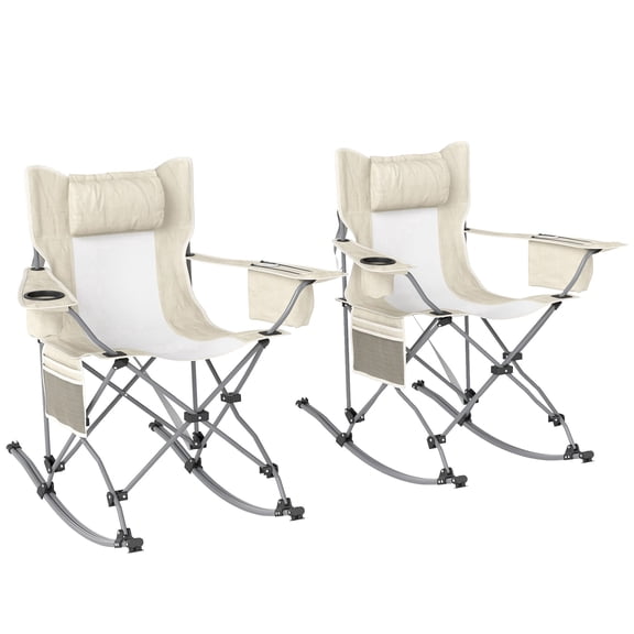 Dranite Folding Rocking Camping Chairs with Headrest, Cooler Bag & Cup Holder – Portable 2-Pack