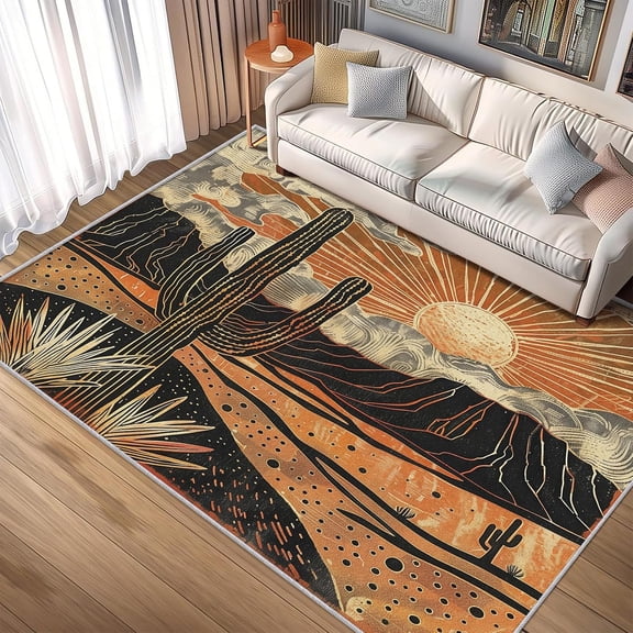 Vintage Desert Cactus Area Rugs, Boho Sunset Orange Carpet, Washable Non Slip Low Pile Soft Rug for Living Room Bedroom Dining Room Decor Mat 2x3ft