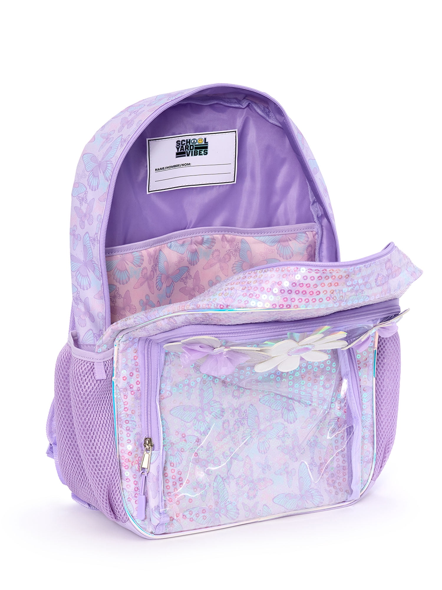 Schoolyard Vibes Girls' 17" Butterfly & Daisies Backpack & Stationary Set, Lavender