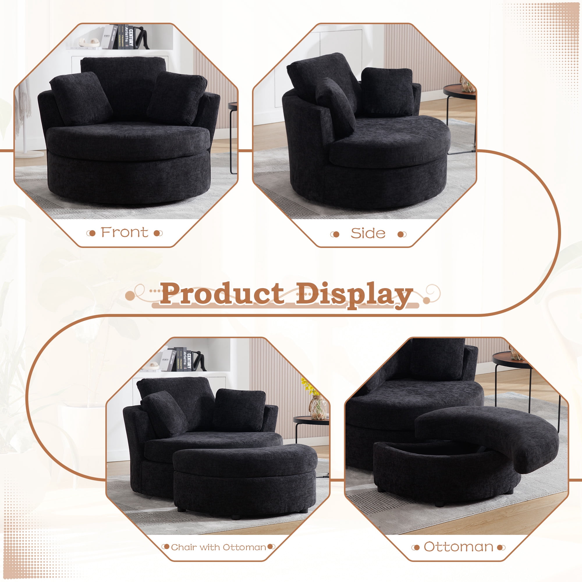Muumblus Oversized Barrel Swivel Accent Chair Set of 2, Comfy Armchair with 3 Pillows, Modern Chenille Fabric Leisure Sofa Chair for Living Room, Bedroom, Black