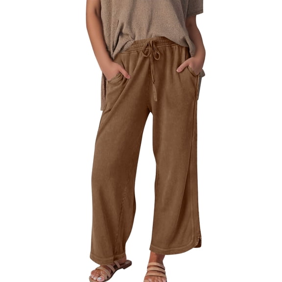 DHFJKG Women's Wide Leg Pants Casual Summer 2026 Solid Color Loose Fit Drawstring Sweat Pants With Pockets Trendy Trousers