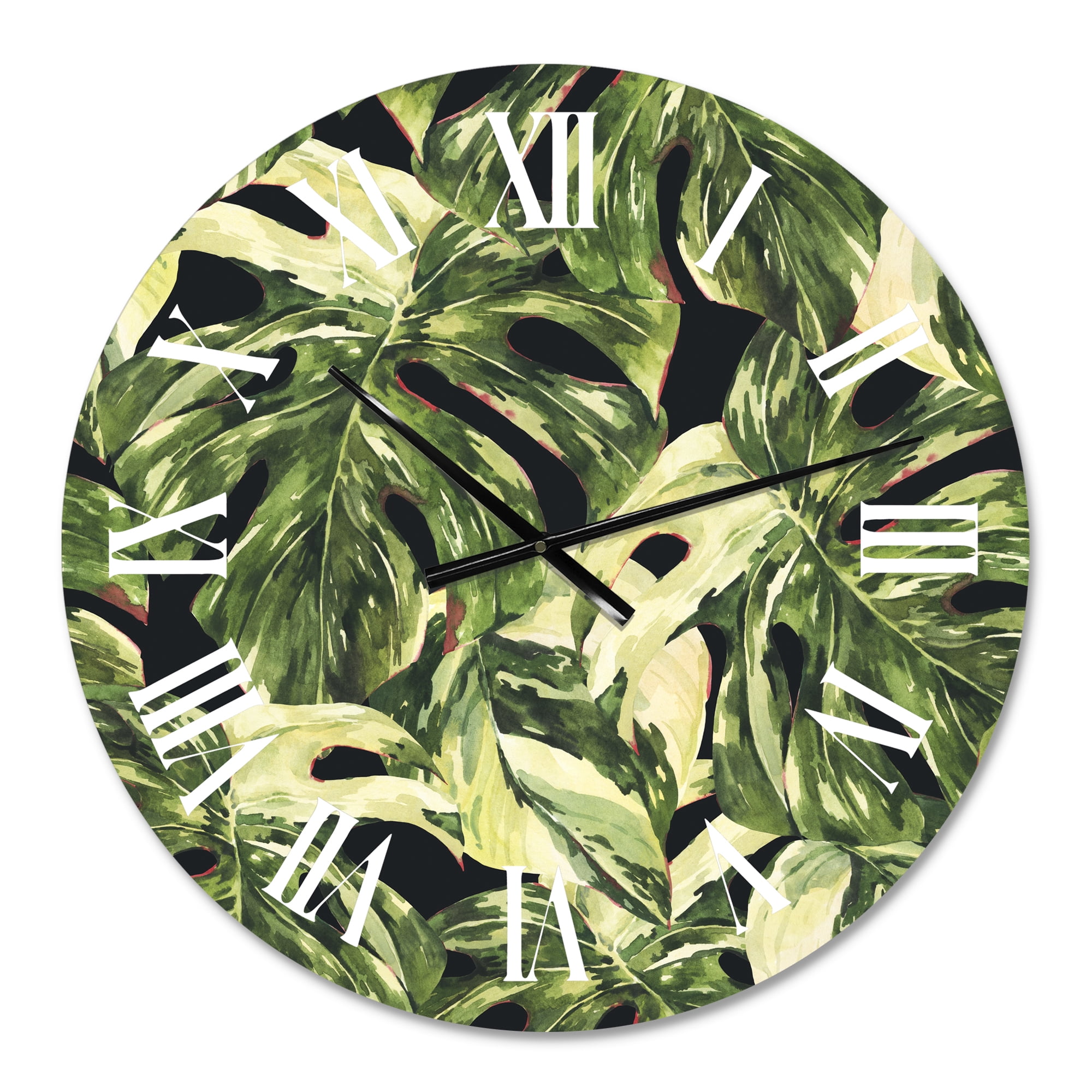 Designart 'Natural Leaves Exotic On Dark Ii' Tropical Wall Clock