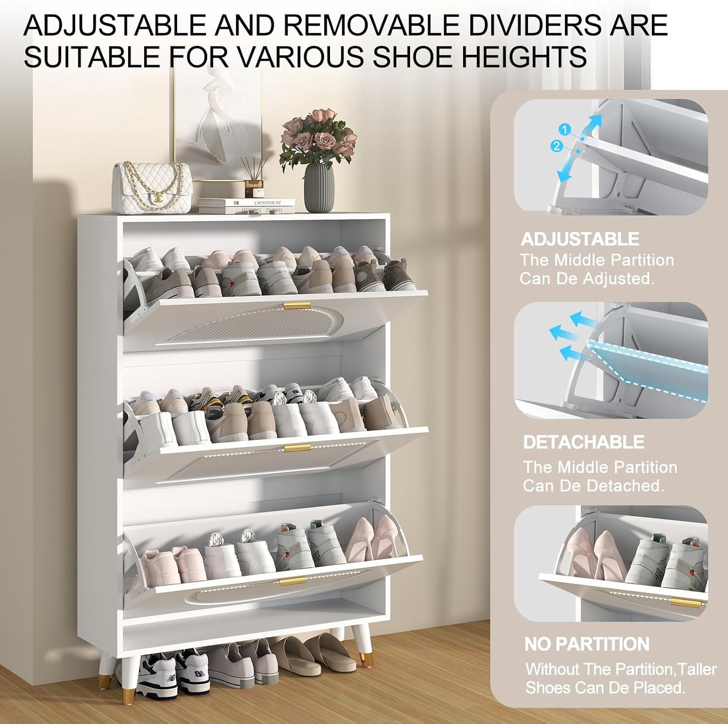 Vinform White Shoe Storage Cabinet for Entryway, Hidden Slim Wooden Shoe Organizer Cabinet with 3 Flip Drawers, Shoe Rack Cabinet for Hallway Living Room