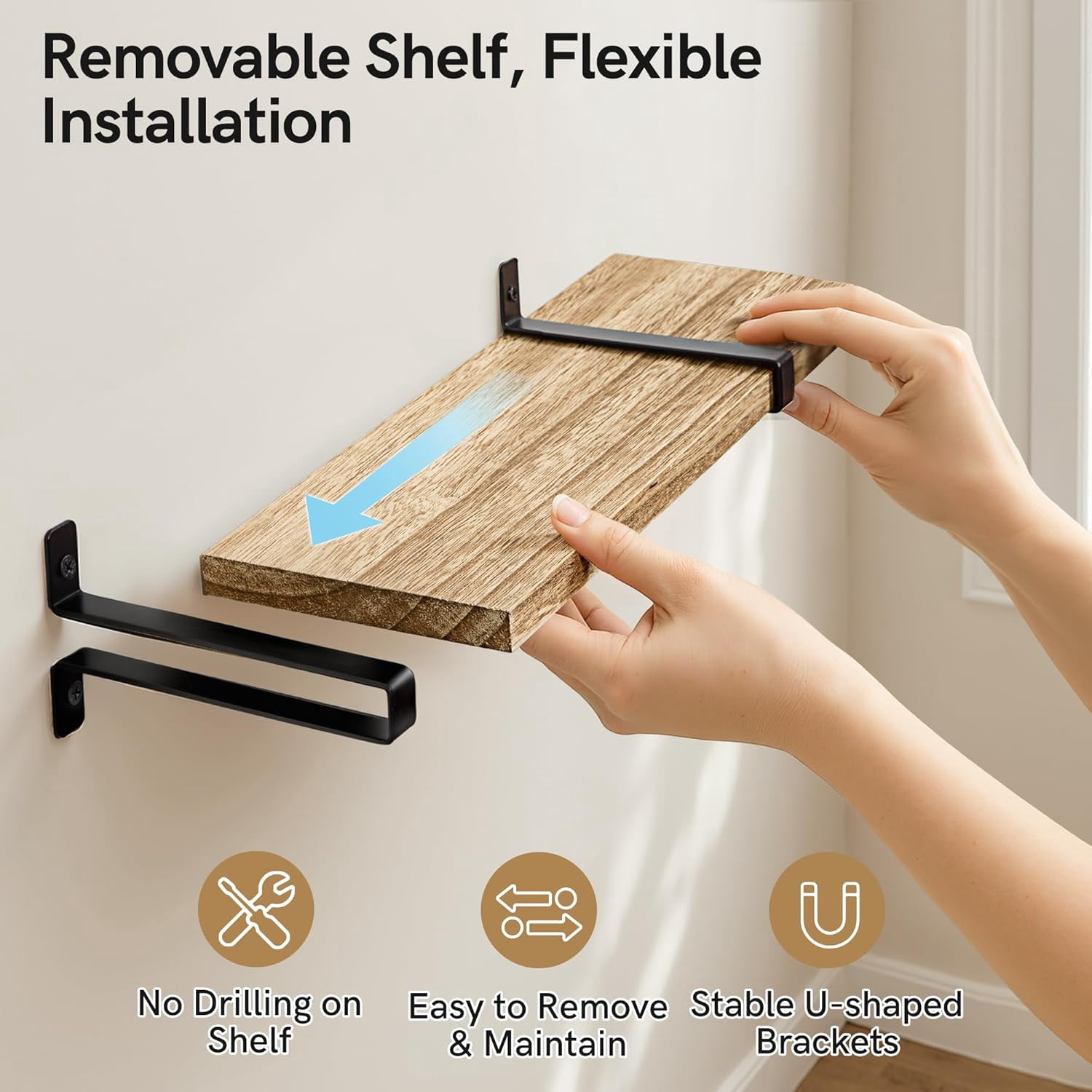 Afuly Rustic Floating Shelves for Wall, 16in Wood Floating Shelf Set of 3 , Brown Wall Shelves with Metal Brackets, Hanging Shelf for Living Room, Bathroom, Kitchen, Home Decor and Storage