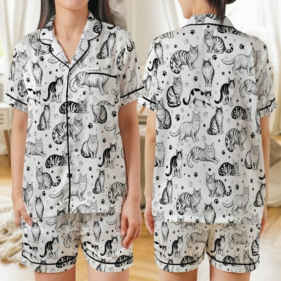 Lotusprinthandmade Cute Cat All-over Print Satin Short-Sleeve Pajamas Set (S), animal print pajamas, funny cat pajamas