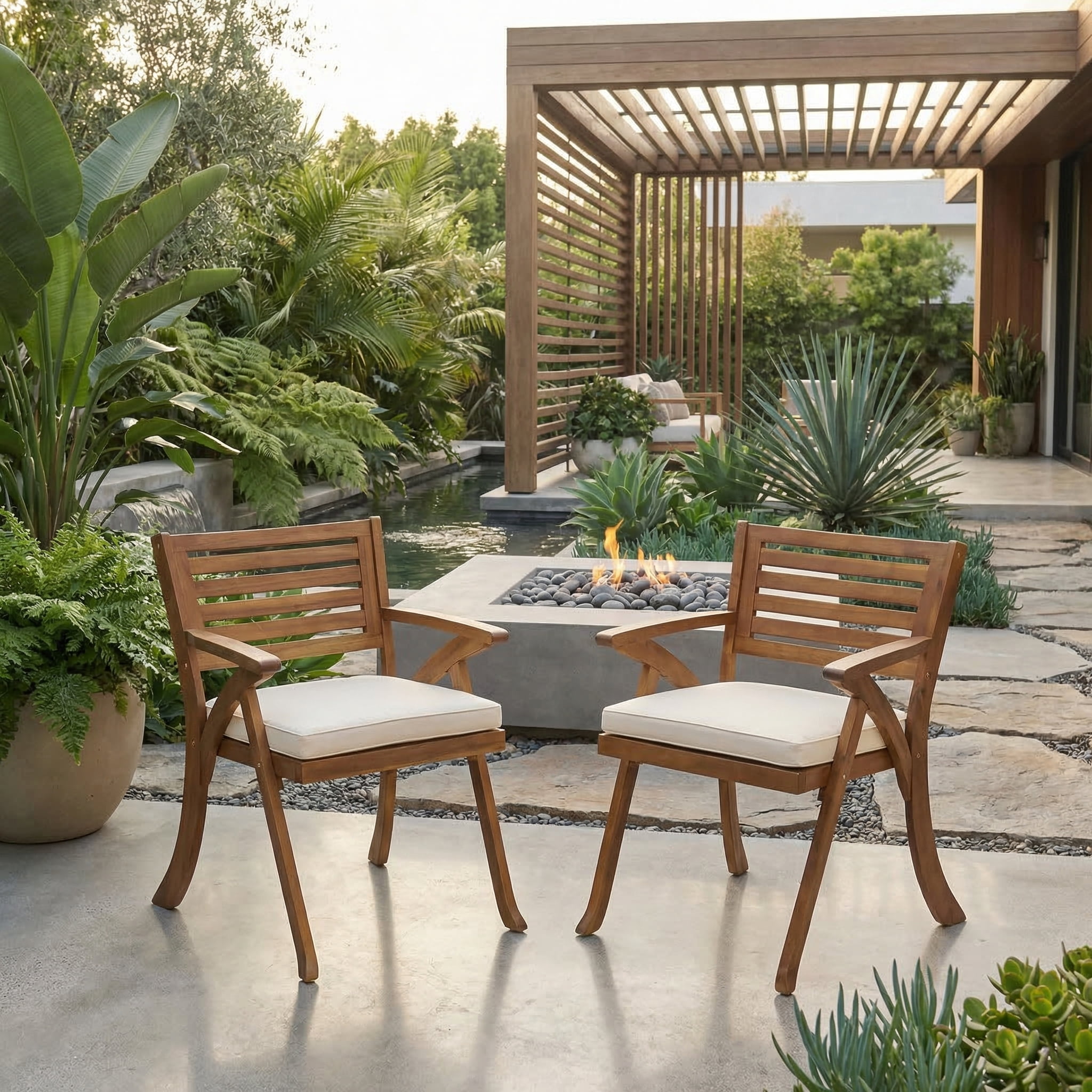 Outdoor Cushioned Wood Frame Dining Chair Set of 2, Comfort Household Seats for Patio Garden, Teak and Cream