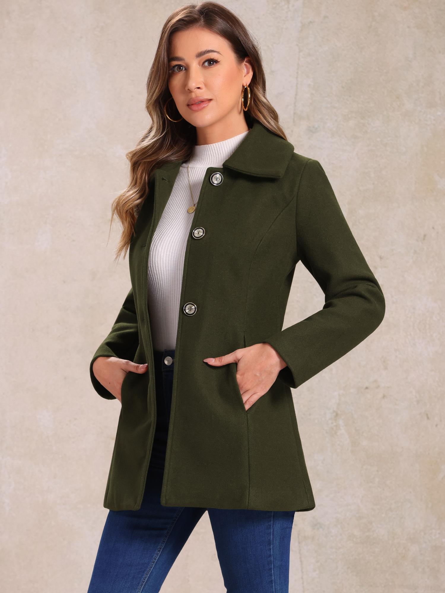 DARING DIVA Women's Turn-Down Collar Pockets Outwear Winter Coat S Army Green