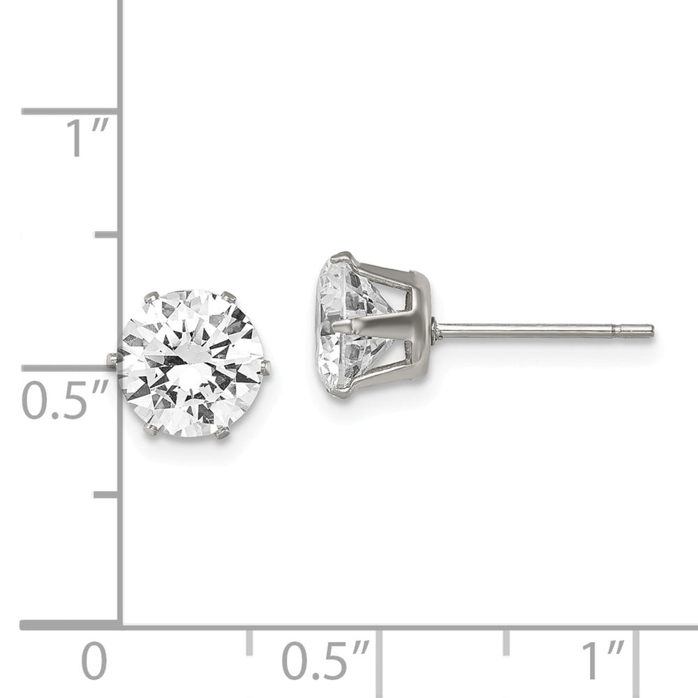 White Stainless Steel Earring Stud Women'S Cubic Zirconia CZ Round Clear 8 mm