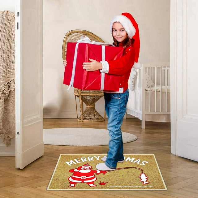 Christmas Themed Santa and Fish Design Non Absorbent Floor Mat for Holiday Velvet Fabric 40x60cm