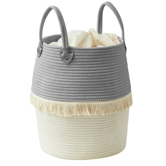 DECOMOMO Cotton Rope Basket | Woven Basket for Nursery Blanket Plant 15.7” x 11.8” Cute Bin with Tassel Design for Storage Organization Gift Home Décor (Grey and Ivory White, Set of 2)