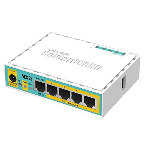 mikrotik routerboard rb750upr2 hex poe lite is a small 5 port router, 1 usb 2.0 port and poe output. ports 2-5 can power other poe capable devices with the same voltage as applied to the unit