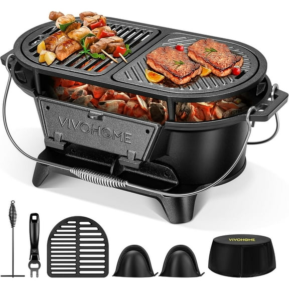 SPECSTAR Oval Cast Iron Grill with Interchangeable Grates & Griddle, 2 Furnace Doors for Heat Control, Includes Gloves, Poker and UV-Resistant Cover