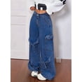 thumbnail image 5 of Women'S Ribbon Tie Detail Utility Style Jeans Casual Straight Wide Leg Denim Trousers Blue M, 5 of 9