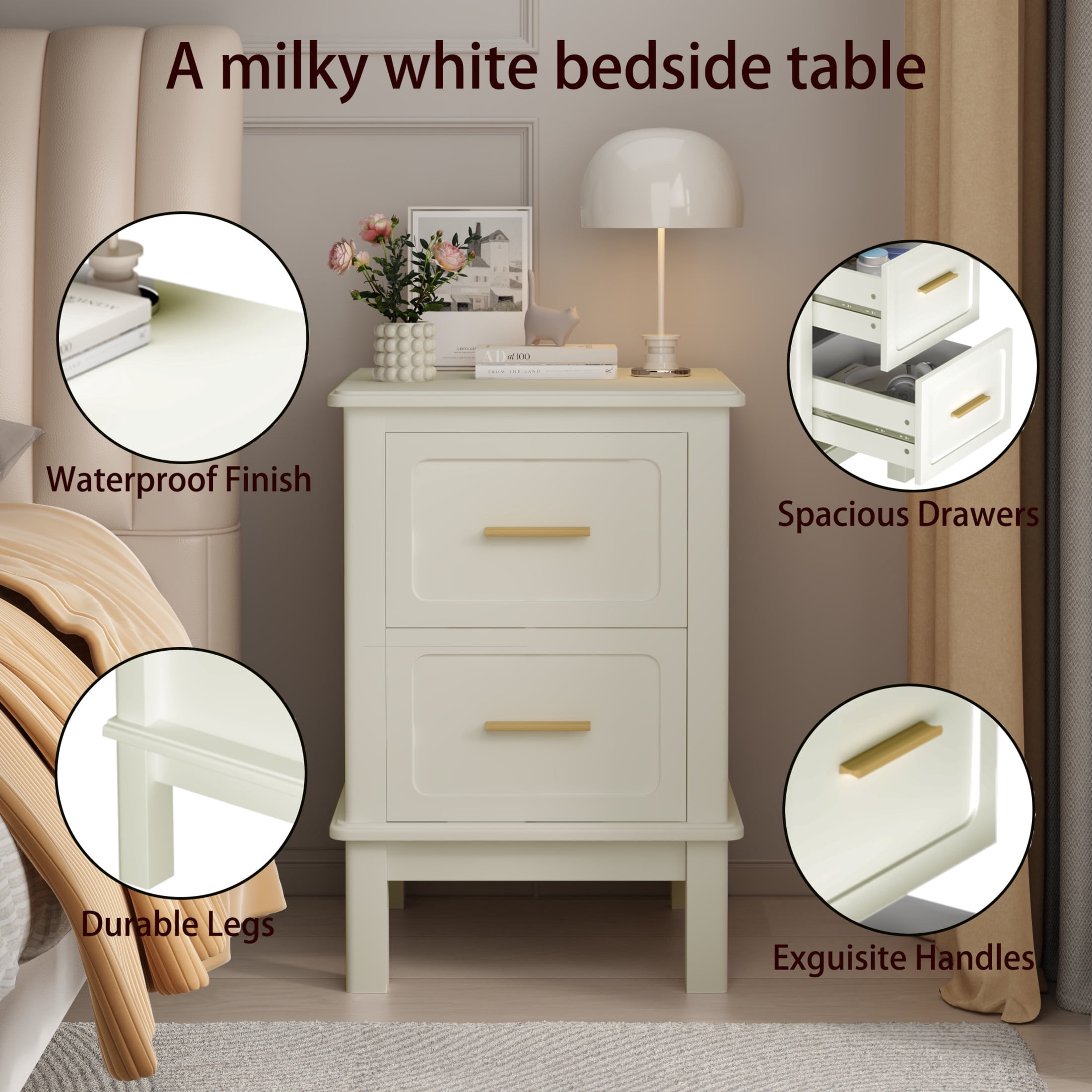 Noble House Misty 16" Modern 2-Drawer Nightstand with Gold Handles, Sturdy Accent Table for Small Spaces, Cream White
