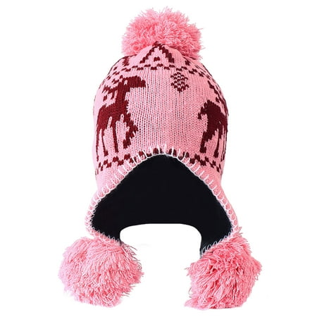 Women's Winter Fleece Lined Pom Earflap Knit Beanie Hat with Reindeer, Pink