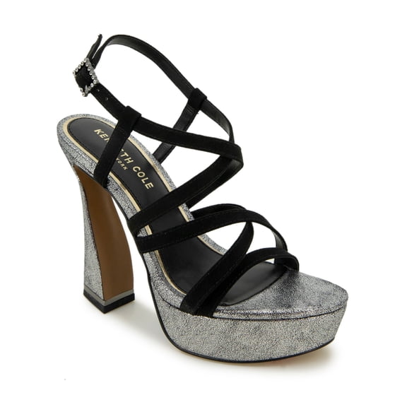 KENNETH COLE NEW YORK Womens Black Mixed Media 1-1/2" Platform Crisscross Straps Padded Allen Almond Toe Sculpted Heel Buckle Dress Heeled Sandal 6.5 M