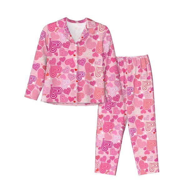 Balery Love Conjunto de Pijama con Estampado para Mujer, Conjunto de Dos Piezas con Manga Larga, Ropa de Dormir Suave con Bolsillos, Pijamas Cómodos-Large