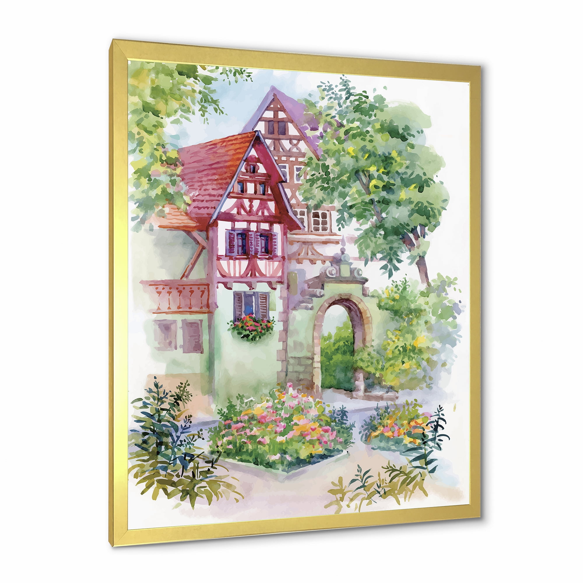 Designart 'Red Rustic House In The Country Side Landscape' Traditional Framed Art Print