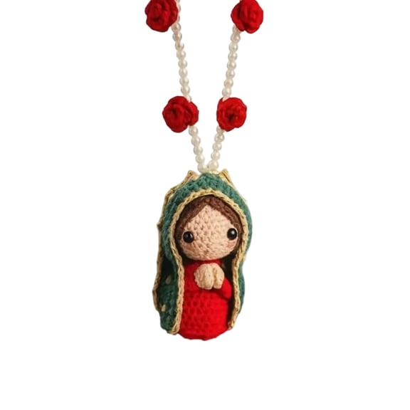 Mary Plush Knit Statue Car Interior Decoration, Handmade Virgin Crochet Rearview Mirror Charm, Elegant Religious Figurines Hanging Decor for Dashboard, Spiritual Blessing Gift for Family, Friends-A