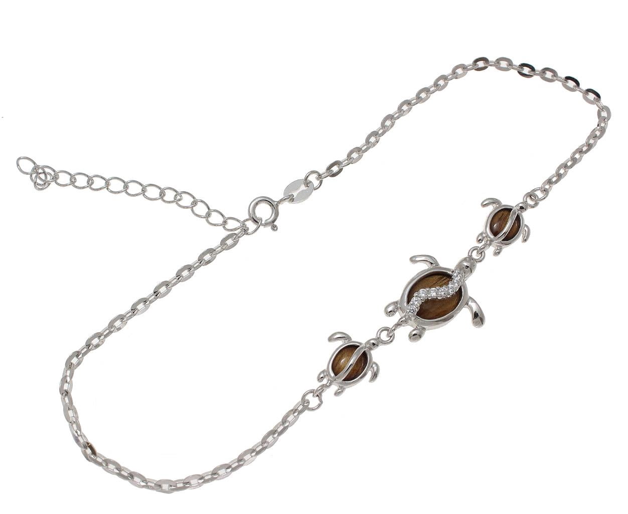 925 sterling silver Hawaiian koa wood cz honu turtle anklet 9" plus extension