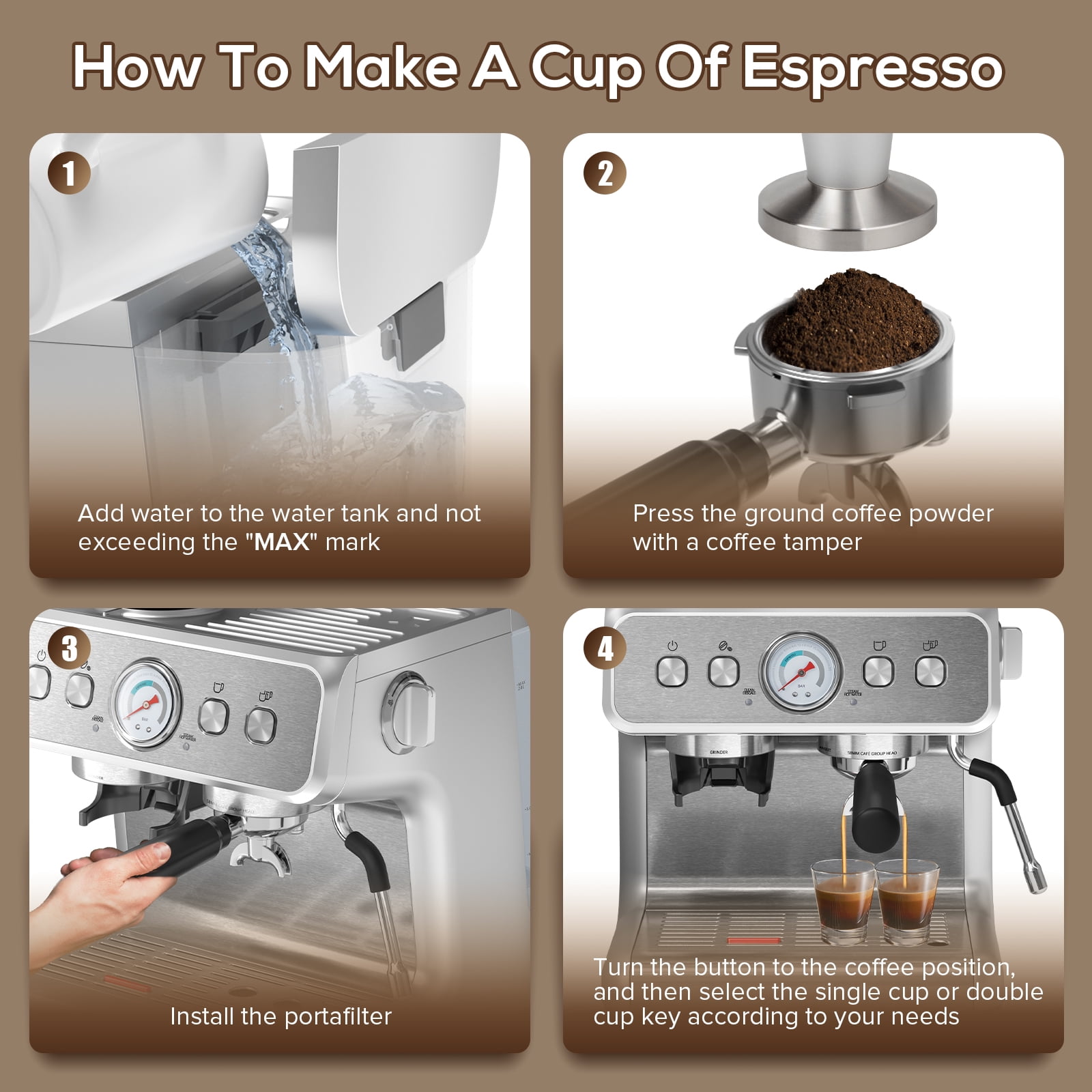 Moifoi 15 Bar Semi-Automatic Espresso Coffee Machine with Conical Burr Grinder and Steam Wand, 1&2 Cups - Silver, New