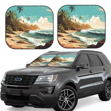 Hirioo Coastal Palm Beach for 2PCS Windshield Sun Shade Foldable | Front Windshield Shade for Sun Heat and UV Rays-Large