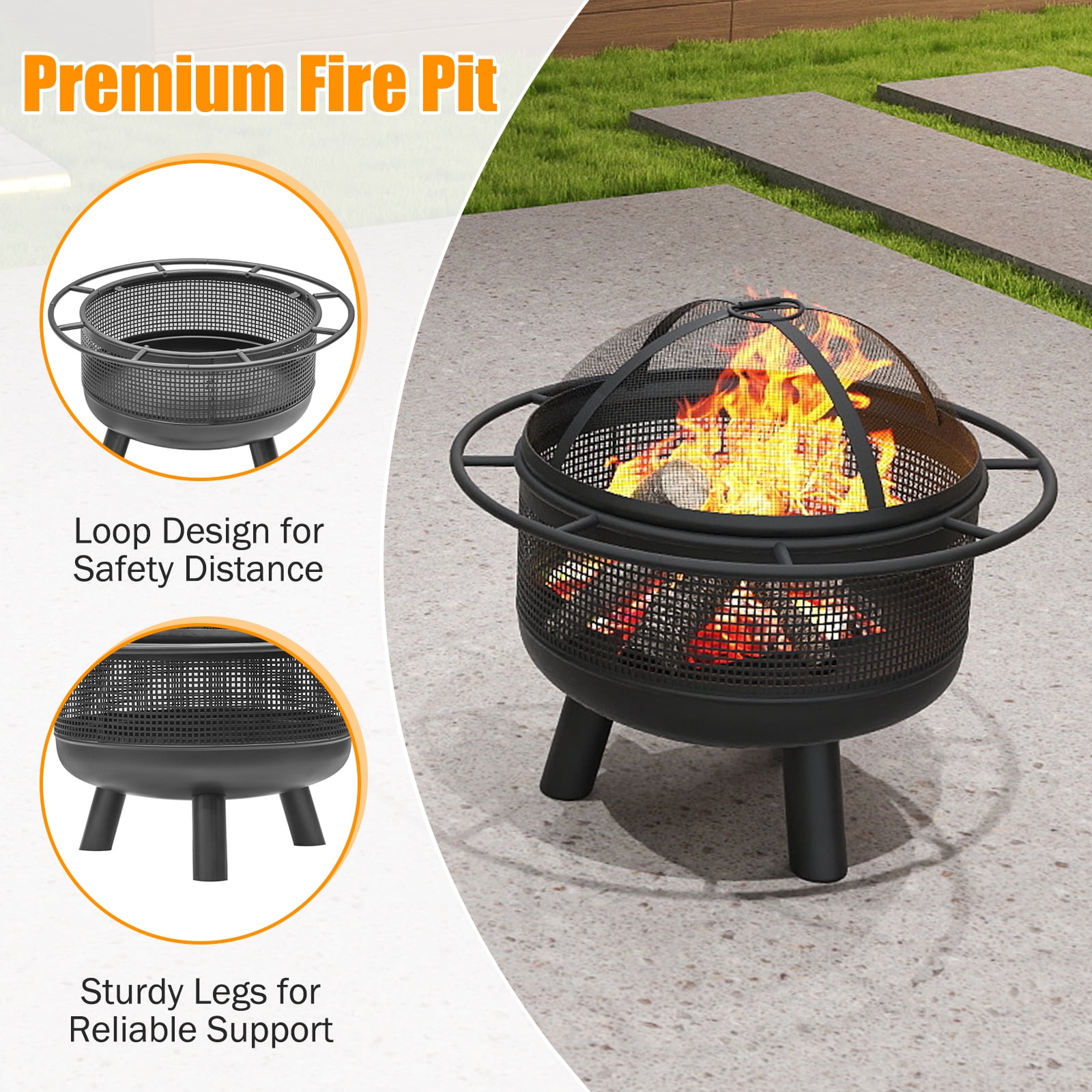Patiojoy 24" Wood Burning Fire Pit Portable Heavy Duty Firepit with Log Grate