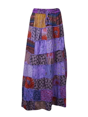 Mogul Artistically Inspired Patches Printed Purple Long Maxi Skirts