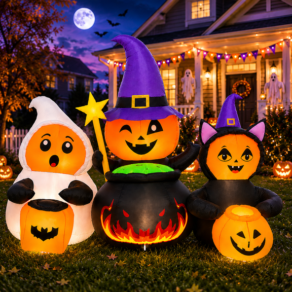 Wondiair 7FT Halloween Inflatable Outdoor Decoration, Lighted Witch Pumpkin with Ghost and Black Cat, Built-in LED Blow Up Yard Decoration for Lawn, Garden and Porch