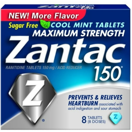 Zantac 150mg Maximum Strength Sugar Free Cool Mint Ranitidine / Acid Reducer Tablets, 8ct
