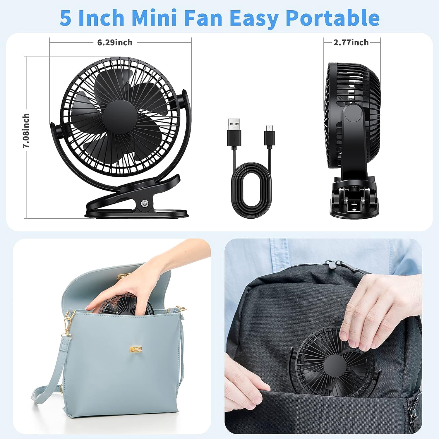Clip-on Portable Desk Fan, 3 Speeds Adjustable Cooling Fan, 5000mAh Rechargeable Battery with 720° Rotation, Sturdy Clamp Fan for Car, Treadmill, Home and Camping
