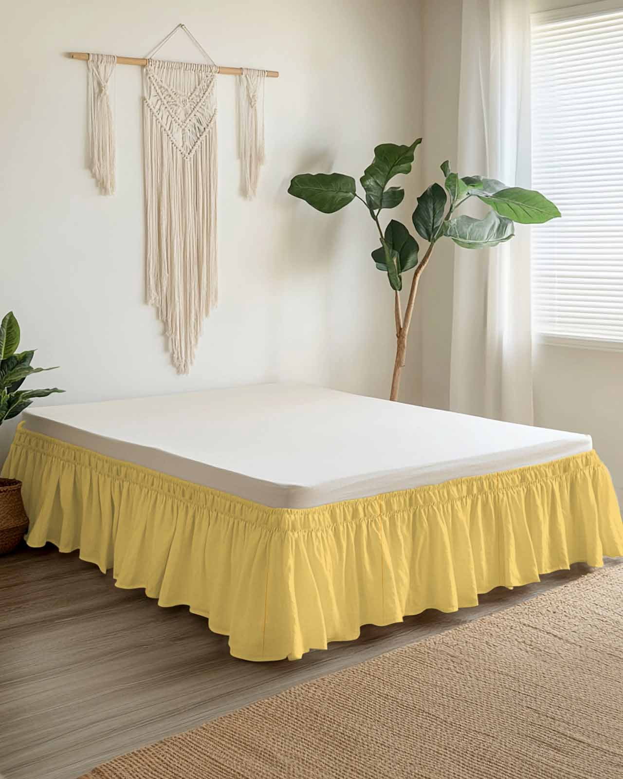 Solid Color Bed Skirt Yellow Bed Skirts Queen Size 18 Inch Drop, Wrap Around Dust Ruffle&nbsp;Bedskirt with Adjustable Elastic Belt for Queen Size Beds