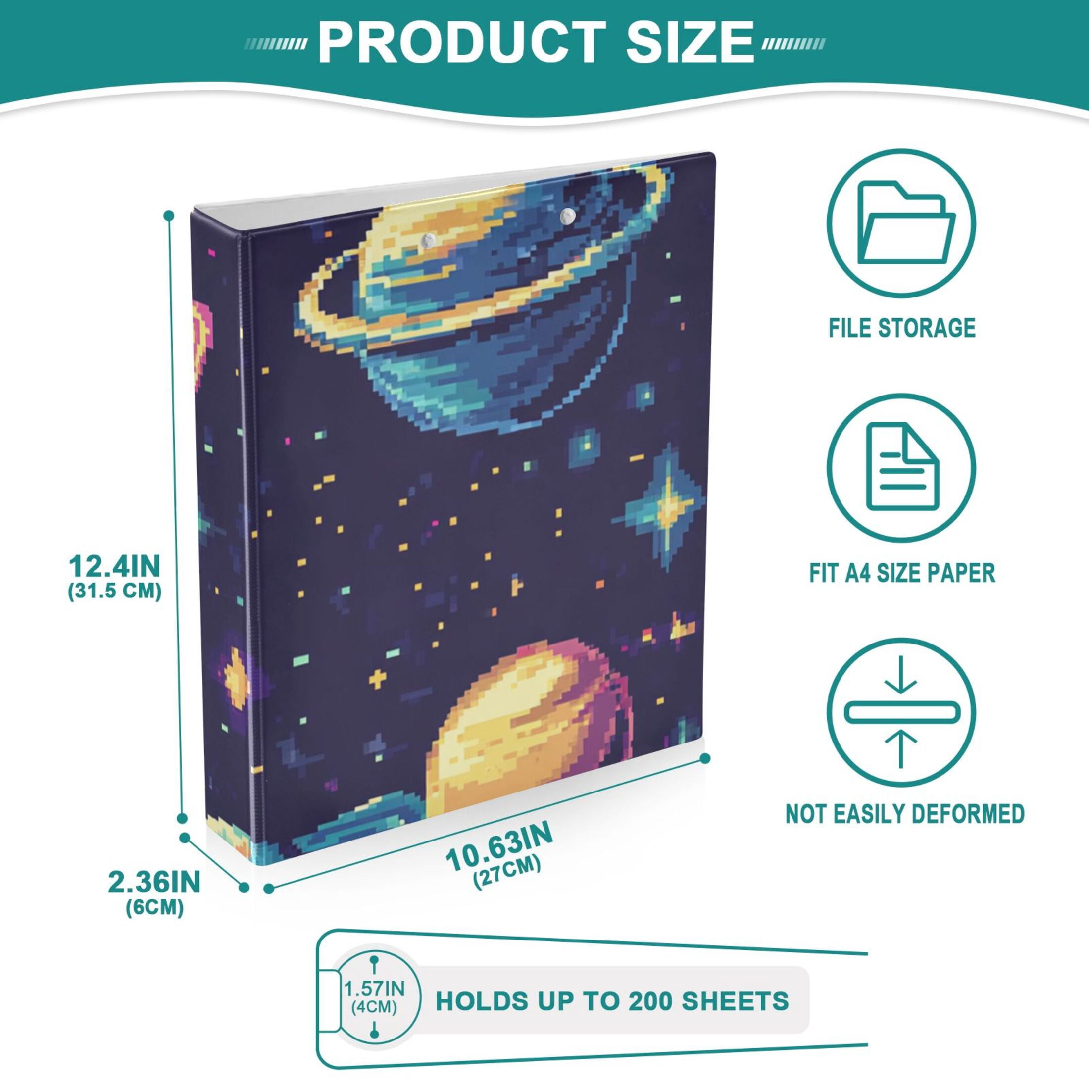 Cosmic Pixel_style 3 Ring Binders 1.5 inch Hardcover File Folders with Interior Pockets A4 Size Organizer for School Office Hospital