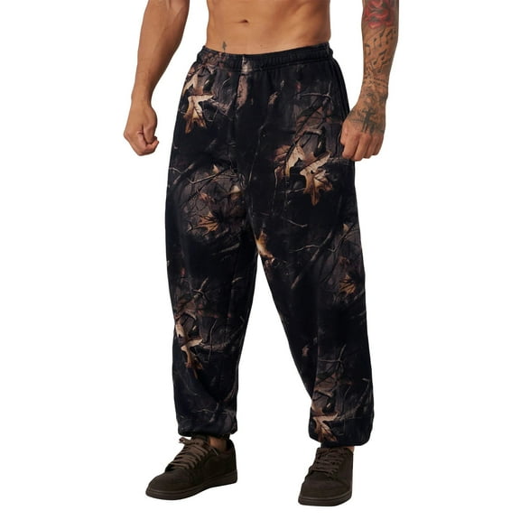 Cthrlog Mens Camo Graphic Leaf Print Baggy Sweatpants Athletic Elastic Waist Pants Casual Wide Leg Vintage Streetwear Pants with Pockets Black 004