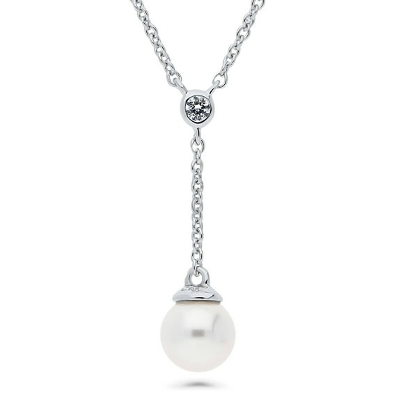 BERRICLE Sterling Silver Solitaire Round Imitation Pearl Anniversary Pendant Necklace for Women, Rhodium Plated 16 inch