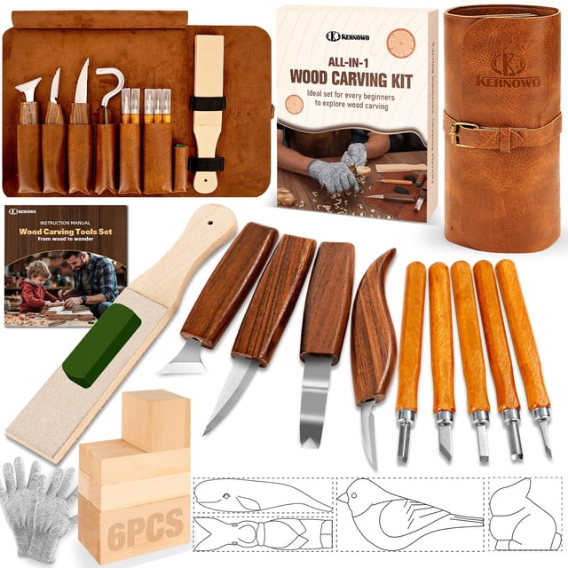 Kit de tallado en madera K KERNOWO de 24 piezas con bolsa de almacenamiento y plantillas