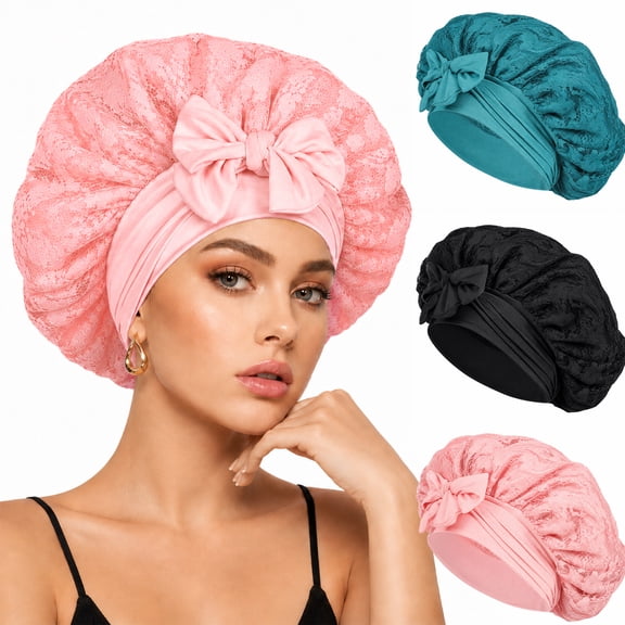 Yalumo Silk Bonnet for Sleeping, 3 Pcs Women Double Layer Satin Bonnet with Lace Edge, Non-Slip Sleep Cap with Wide Elastic Band for Curly & Long Hair